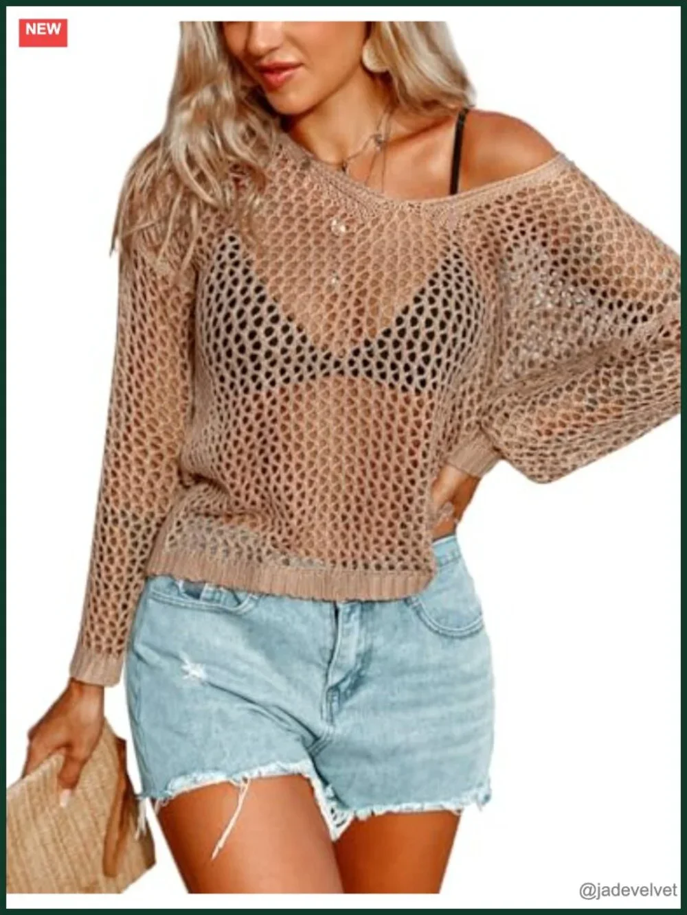 Long Sleeve Crochet Hollow Out Swim Cover Up Beach Tunic Top